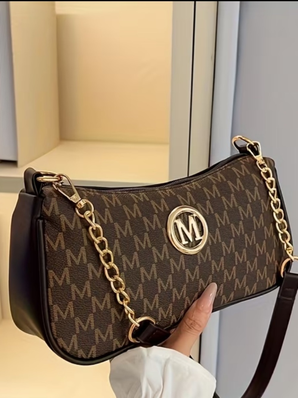 “M” Fashion Designer Coffee Brown Shoulder Bag